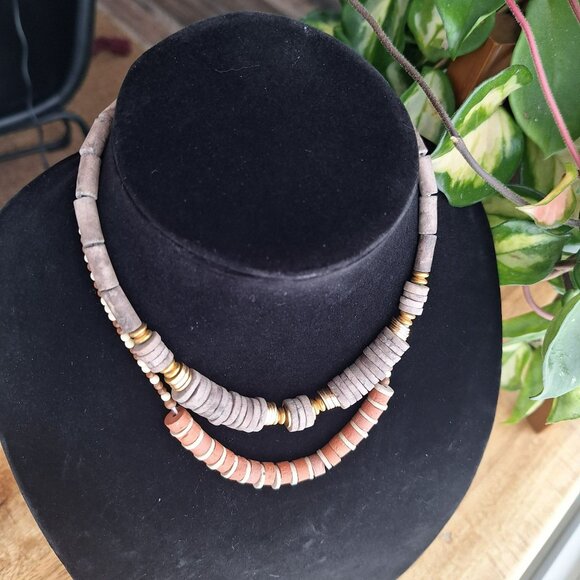 Vintage Earthy Clay Stone Beaded Necklaces Set Of 2 With Gold Accents - Picture 8 of 8